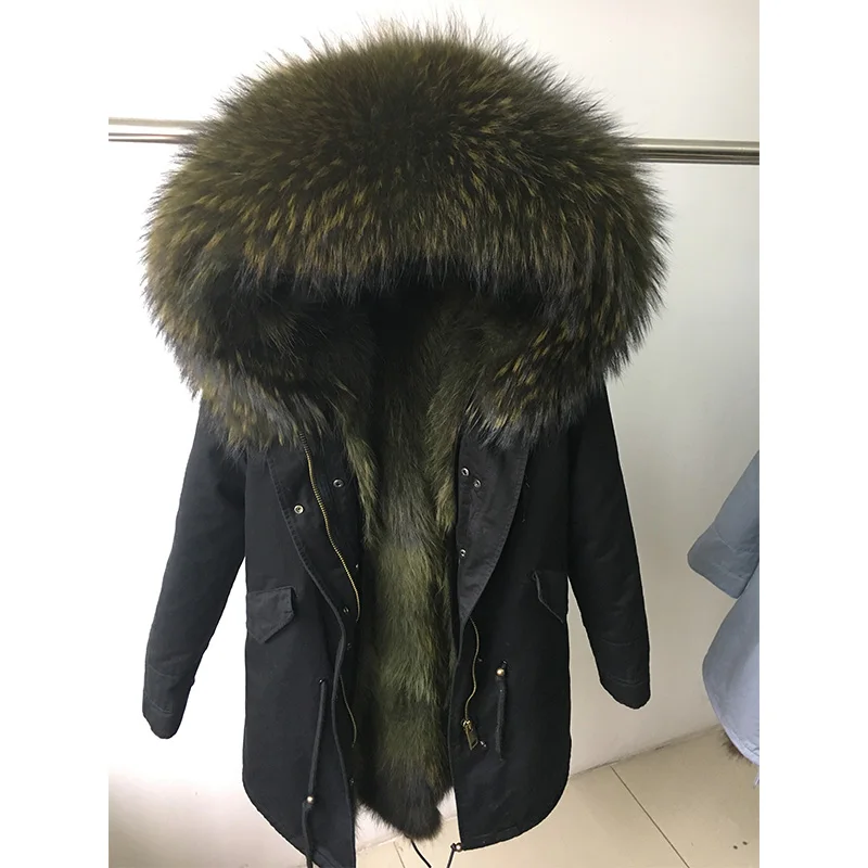 Winter Women's Real Raccoon Fur Coat Fur Collar Hooded Parka Warm ...