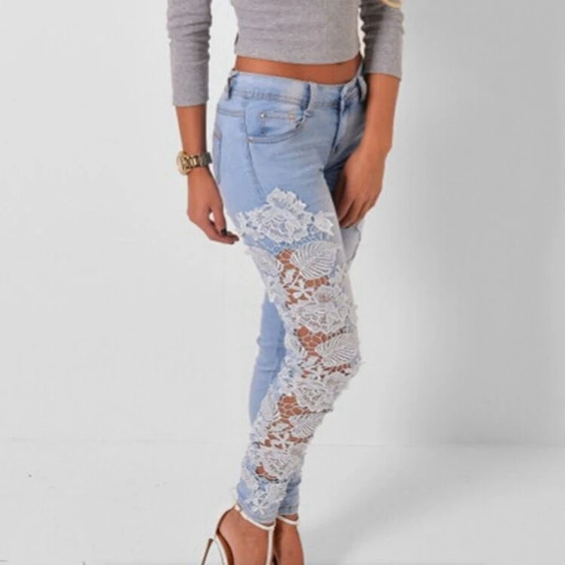 

CFYH 2018 New Sexy Women Ripped Skinny Jeans Lace Crochet Lady Trousers Mid Waist Female Slim Denim Pencil Pants Plus Size 3XL