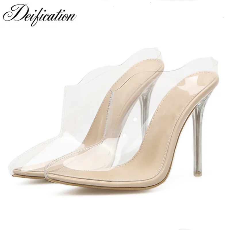 

Deification Fashion Transparent PVC Sexy Heels Handmade Women Clear Pumps Summer Pointed Toe Wedding Mules Shoes Women Pantufa