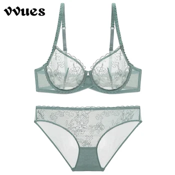 

VVUES Sexy Lace Bra Set Deep V Transparent Push Up Brassiere Lace None Padded Lingerie Underwear For Women Ladies Bralette 2019
