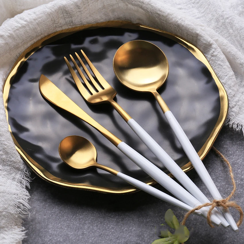 304 нержавеющая сталь западные серебряные столовые приборы набор благородная посуда белый золотой нож для масла столовая ложка палочки для еды