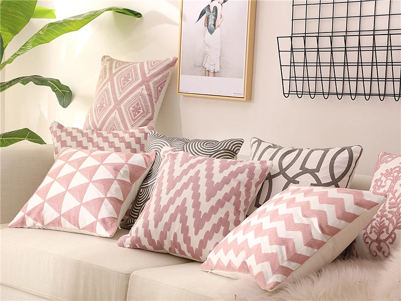 Вышитый Чехол для подушки, декоративная наволочка для подушки, домашний декор, диванная розовая Геометрическая наволочка для дивана, вышитые подушки
