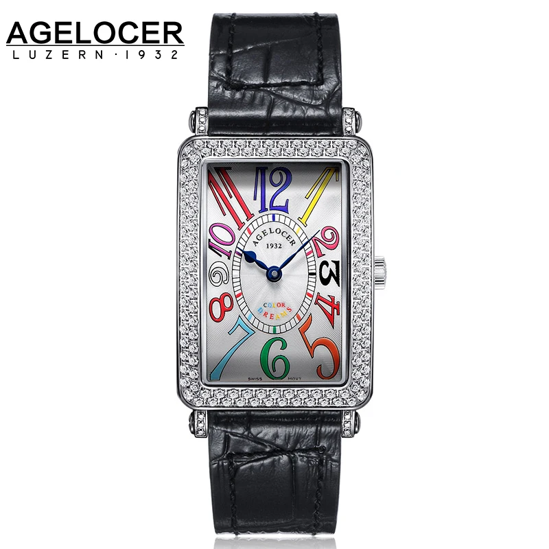 Genuine Leather Swiss Brand Ladies Watch Women Stone Stub Quartz Table AGELOCER Slim And Stylish Watches For Lady Birthday Gift 2016 aladdin and the magic lamp watch the young men and women fashion quartz pocket watch table birthday gift ds262