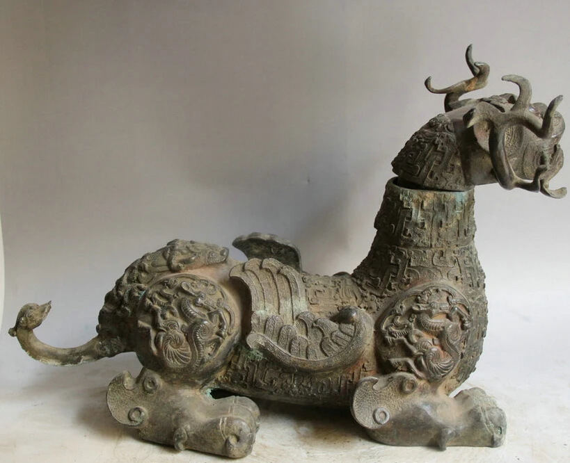 

USPS to USA S2535 20" Old Chinese Bronze fly Kylin Unicorn Beast Pi Xiu Dragon Statue sculpture B0401