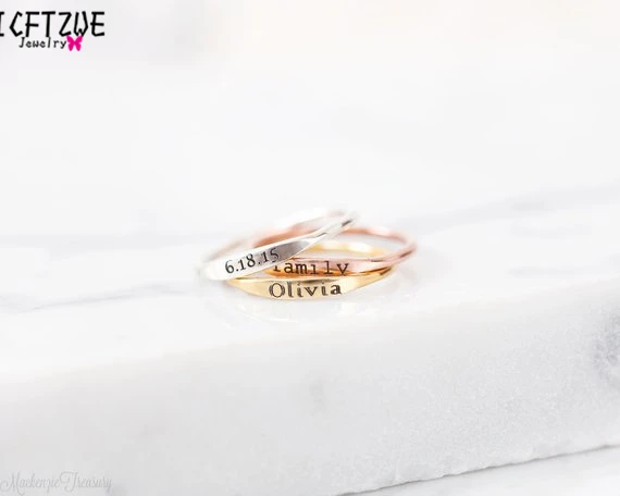 Gold Silver Custom Skinny Stacking Rings Personalized Name Ring For Women Best Friends Wedding Stainless Steel Bridesmaid Gift