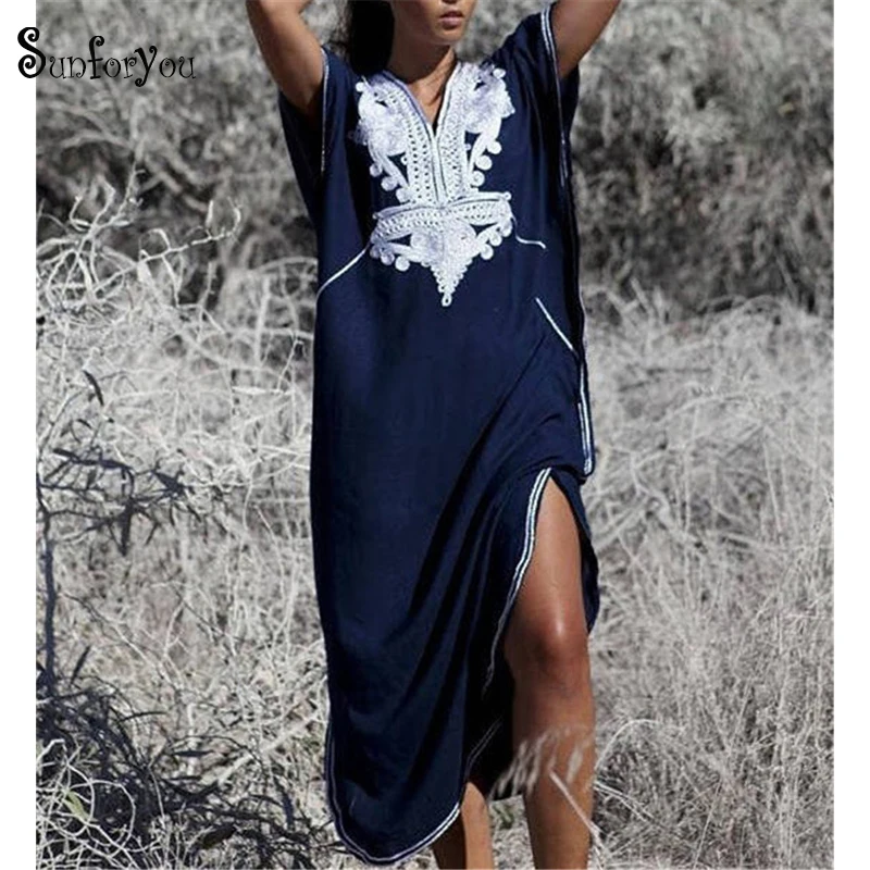 

Embroider Long Cotton Beach Cover up Pareos de Playa Mujer Beach Wear Plus size Bikini Cover up Robe Plage Sarong Beach Tunic