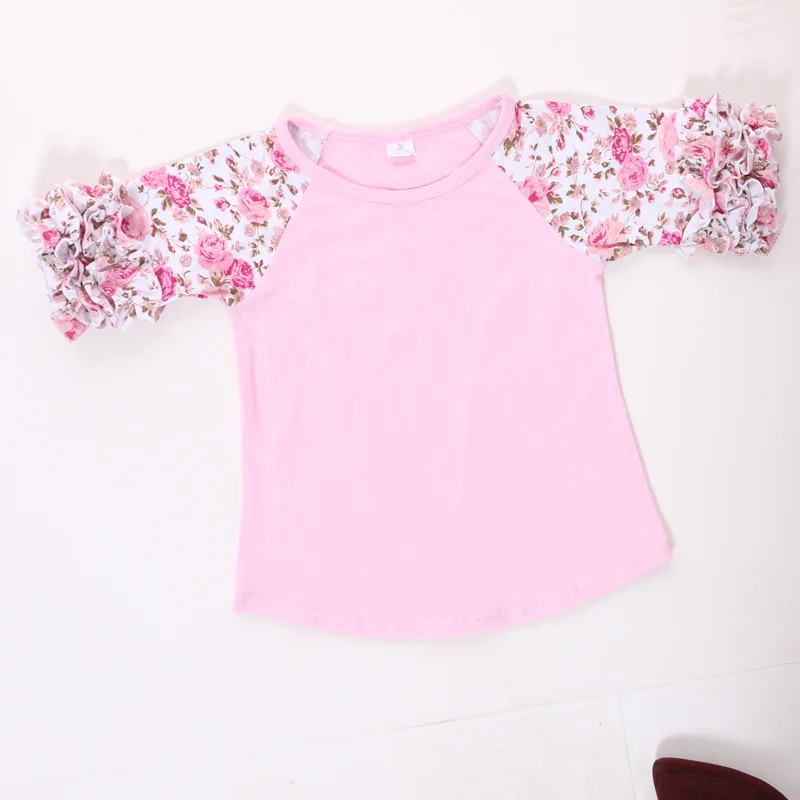 Футболка с оборками Топы с короткими рукавами для девочек рубашки для девочек детская одежда с пышным Регланом и цветочным принтом - Цвет: pink flower