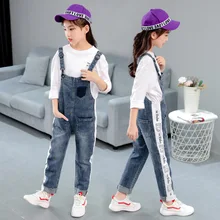 Весенне-осенние джинсы для девочек; джинсовые комбинезоны; повседневные Комбинезоны; комбинезон; модные длинные брюки в белую полоску и с надписями