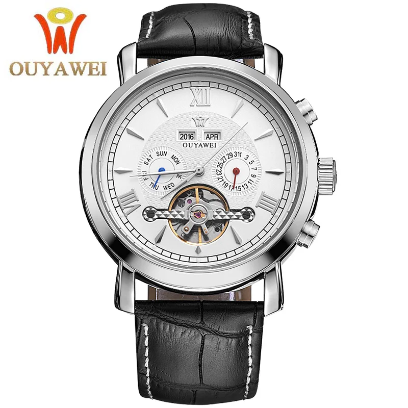 OUYAWEI الرجال الميكانيكية ووتش الأعمال الهيكل العظمي توربيون التلقائي الذكور الكلاسيكية جلدية ساعات المعصم ساعة الوقت Reloj Hombre