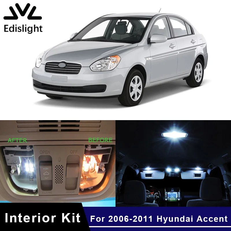 

Edislight 10Pcs White Ice Blue LED Lamp Car Bulbs Interior Package Kit For 2006-2011 Hyundai Accent Map Dome Number Plate Light
