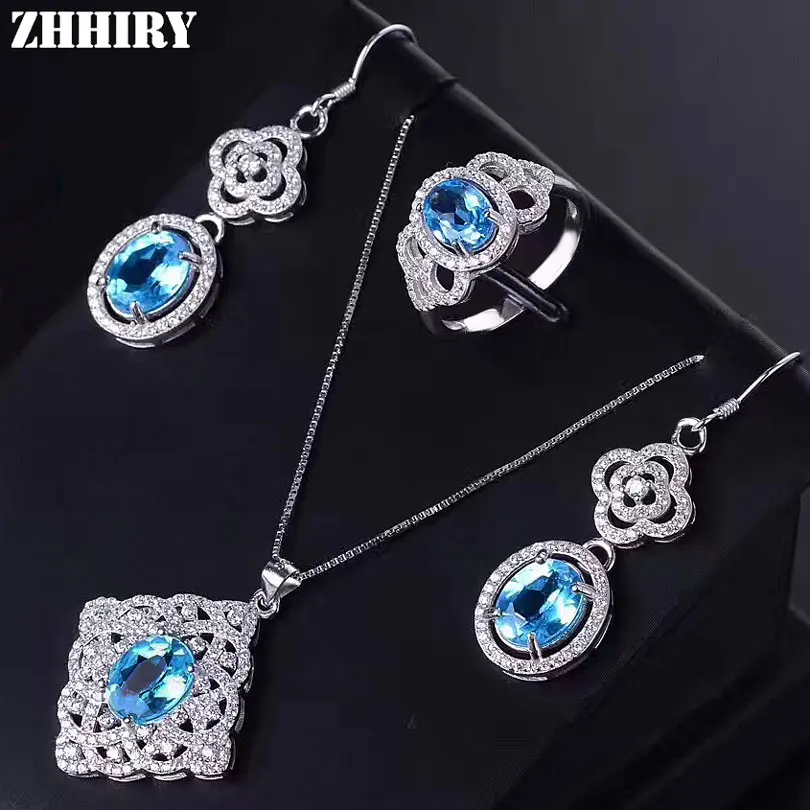 ZHHIRY Women Real Natural Blue Topaz Jewelry Sets 925 Sterling Silver