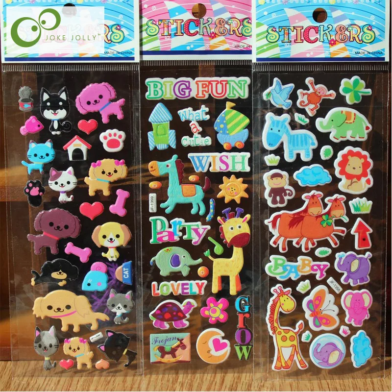 

10pcs/lot Brand Kids Toys Cartoon Cute Animals Zoo 3D Stickers Children girls boys PVC Stickers Bubble Stickers WYQ