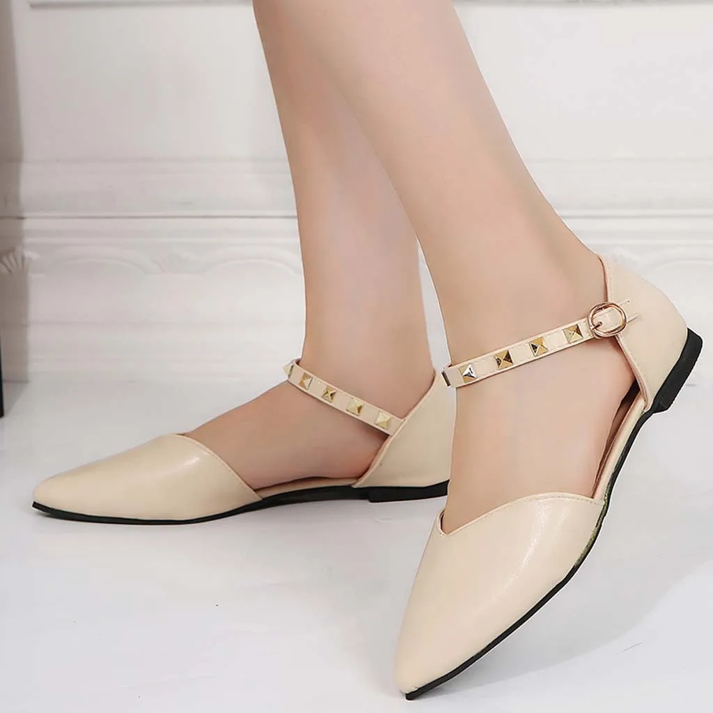 

Spring Autumn Women Rivet Buckle Flats Shoes Pointed Toe Slip-On Single Shoes