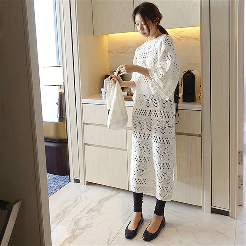 

Knitted hollow blouse lady Pullover lazy sweater mid-summer long loose Crochet thin sunscreen dress