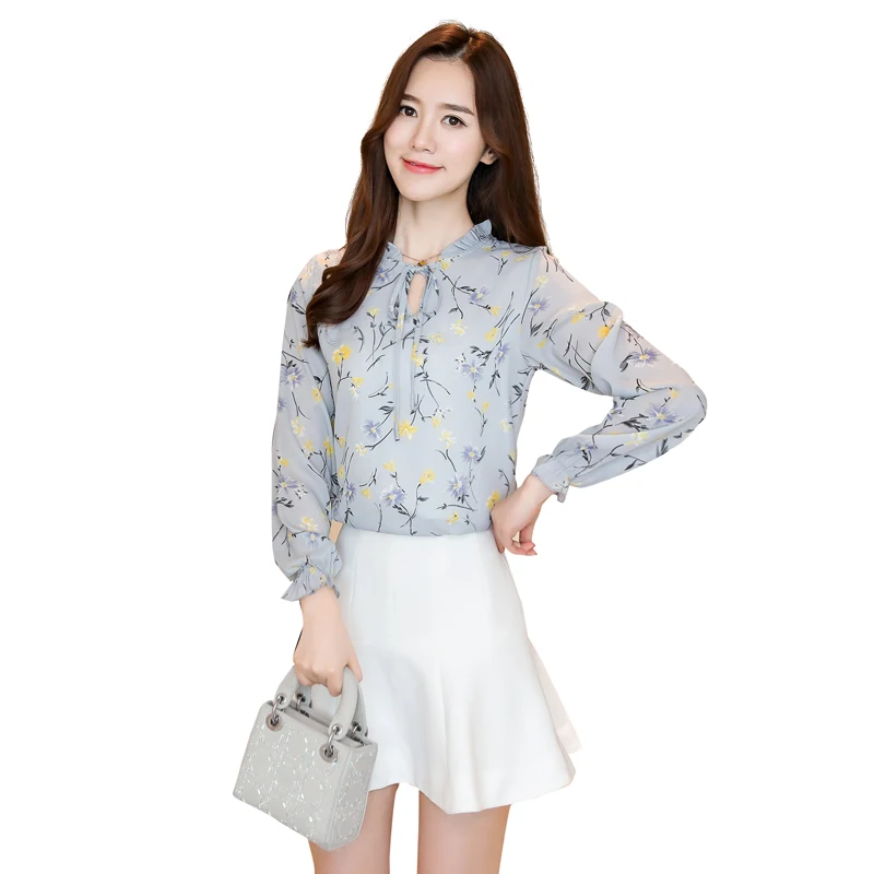 Autumn Cute Women Shirts Loose Print Full Sleeve Chiffon Slim Pretty