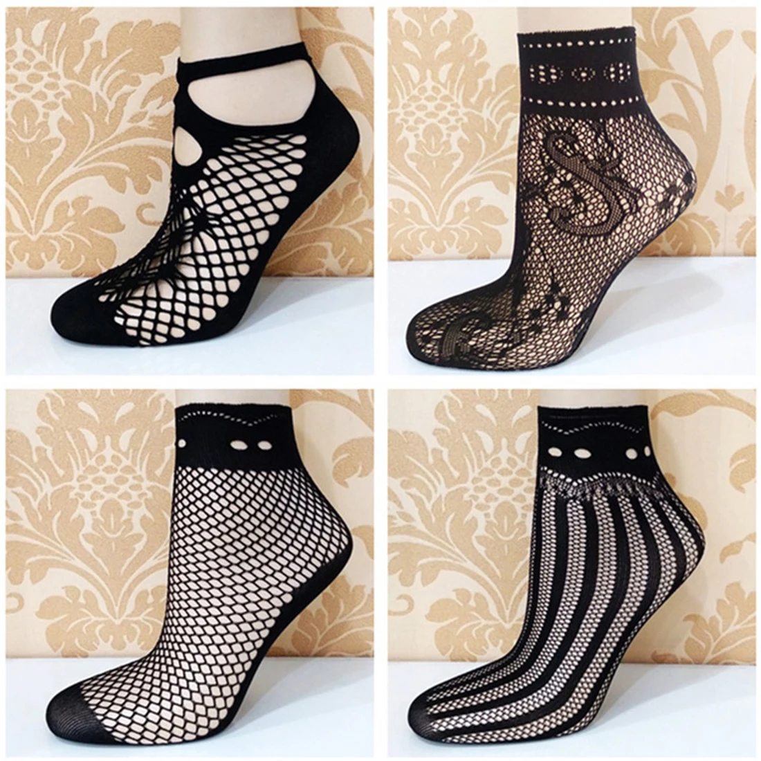 

Women Thin Ripple Socks Ruffle Black Mesh Lace Fishnet Hollow Out Women Soft Tattoo Short Ankle Socks for Girls