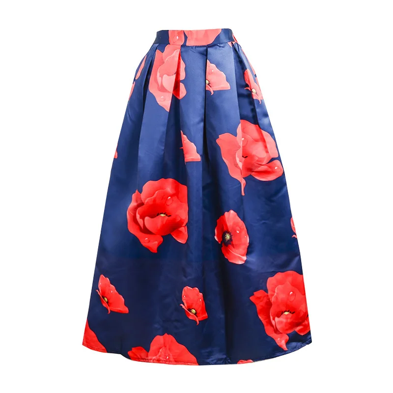 Мусульманская женская 100см непрозрачная модная сатиновая длинная юбка винтажный цветочный принт Высокая талия плиссированная Расклешенная юбка макси SK066 - Цвет: Синий