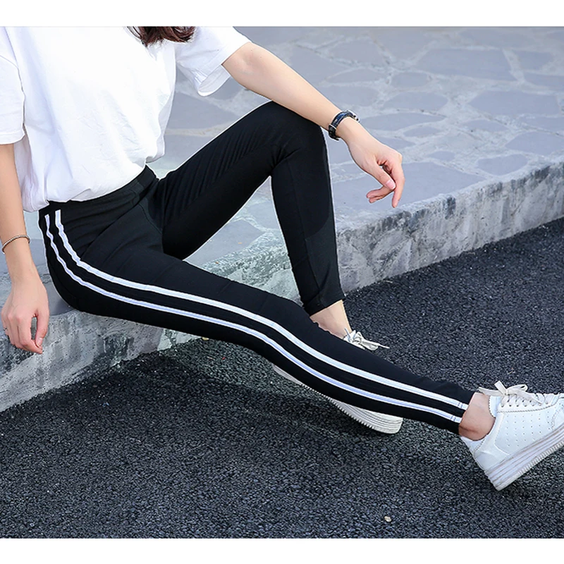 

Women Casual Legging Two Side Striped Skinny Mid-waist Slim Trousers Pencil Ankle-length Plain Regular Solid Color Leggings