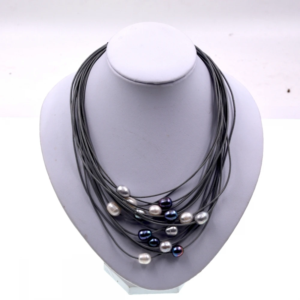 

Fashion Women chain jewelry Gray leather Black White Gray freshwater pearl mix leathers pearls necklace female vintage jewelry