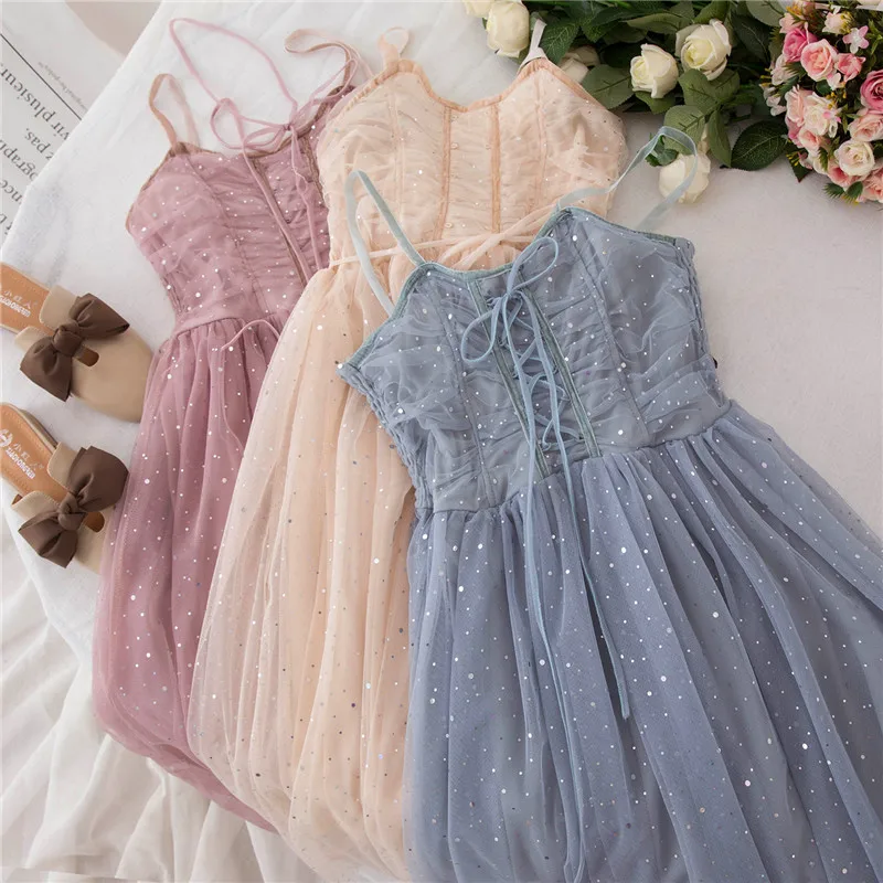 

2018 Summer New Women Pink A Line Dress Sexy V Neck Lace Up Mesh Dress Spaghetti Straps Fashion Cross Front Holiday Beach Dress