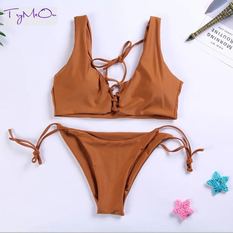 

TryMeOn Cute Bathing Suit Swimwear Women Bandage Solid Swimsuit Sexy Halter Bikinis Set Ladies Beach Wear Solid Swimming Wear