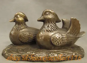 

Folk Chinese Bronze Copper 2 Love Bird Mandarin Duck Aix Galericulata Statue