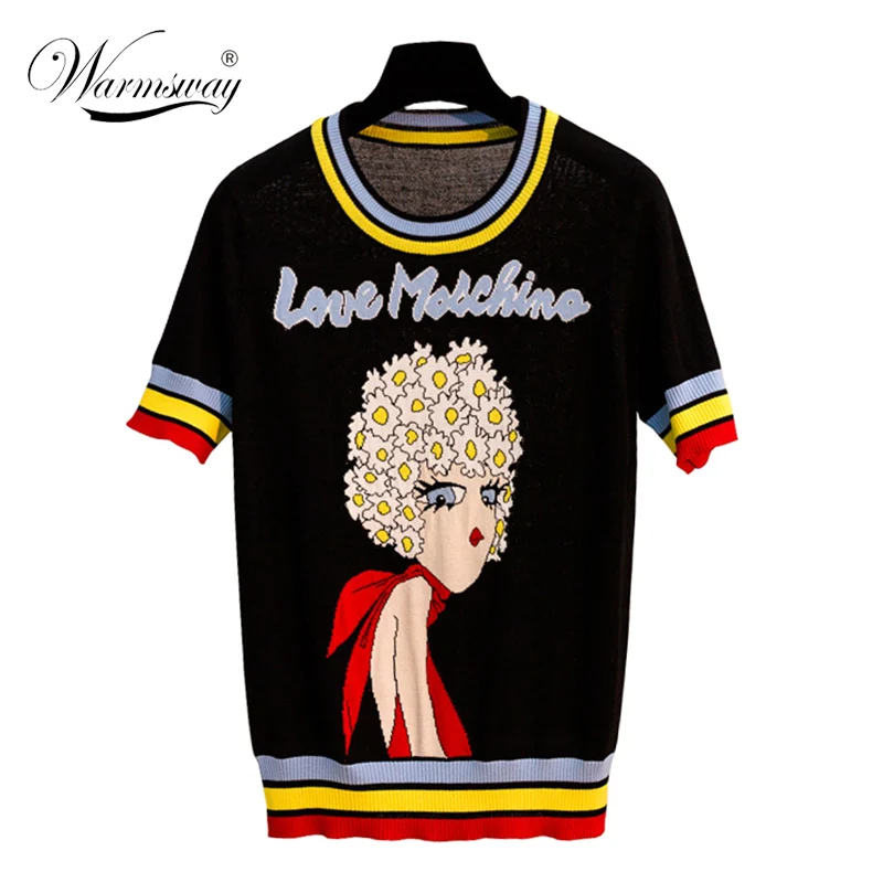 New Summer Women Lovely Girl Letters Jacquard Knitted Top O-neck Striped Short Sleeves Tee Shirt High Quality  B-101
