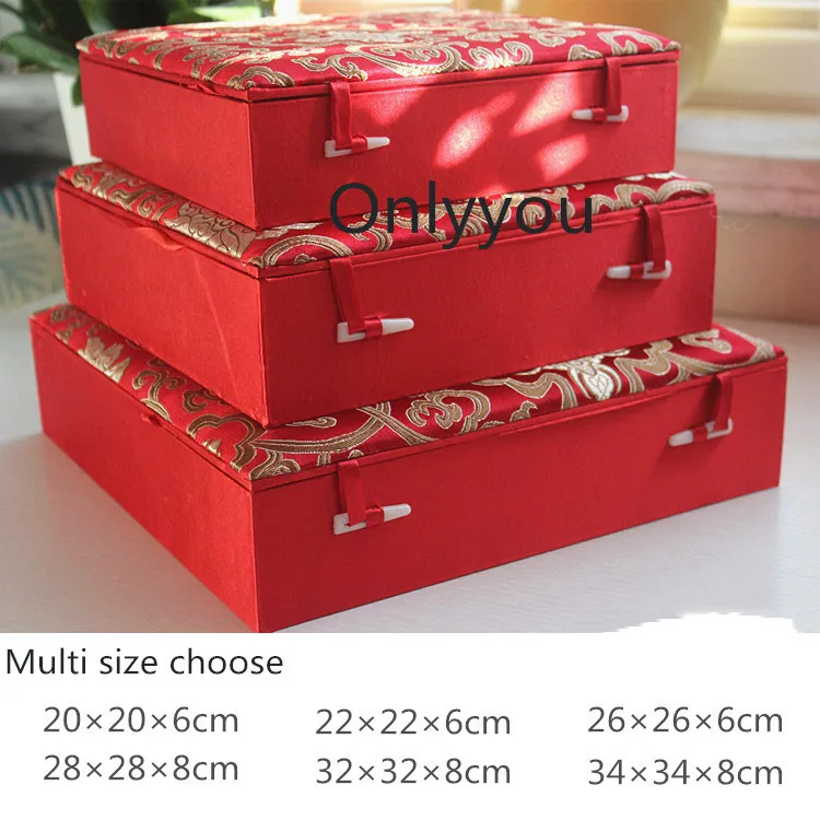 

Luxury Red Soft Large Square Plate Box Chinese Silk Fabric Storage Case Crafts Wooden Box Decoration Vintage Gift Packaging Box