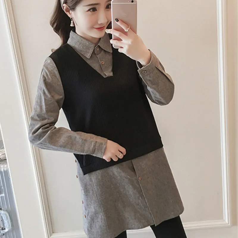 PLAMTEE Spring Long Sleeves Fake Two Long Matrenity Blouse Fashion Loose Clothes For Pregnant Women Female Shirt New 2018
