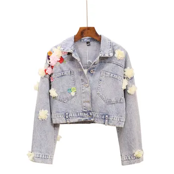 

Newest spring autumn fashion short women 3D flowers Embroidery denim coats jackets Streetwear style loose female coats gx1054