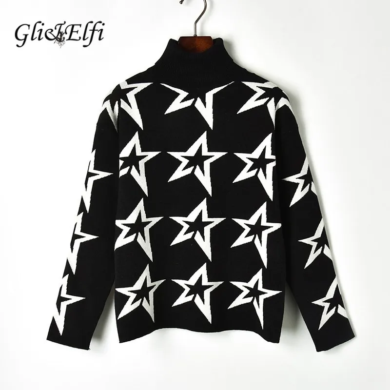 

Women Pullover Red Sweater Stars Jacquard 2019 Spring Winter Turtleneck Knitted Tops Jumper Black Elegant Lady Thick Knitwear