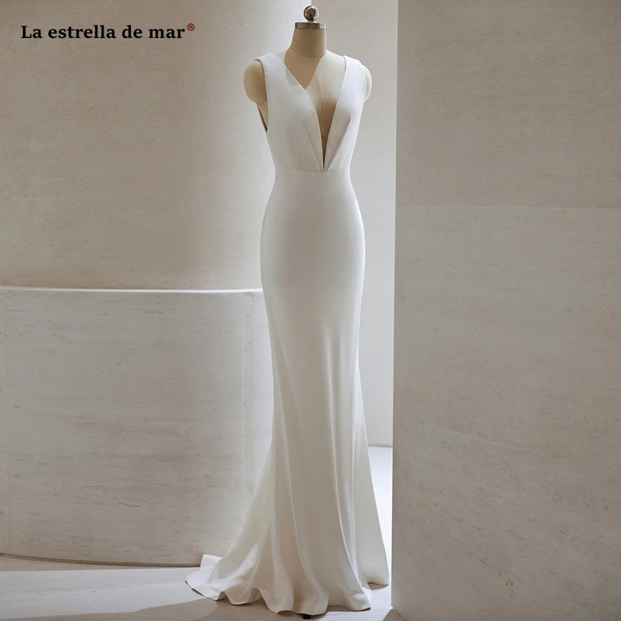 

La estrella de mar vestidos de novia 2019 new satin V neck sexy mermaid ivory wedding gown trailing plus size amanda novias