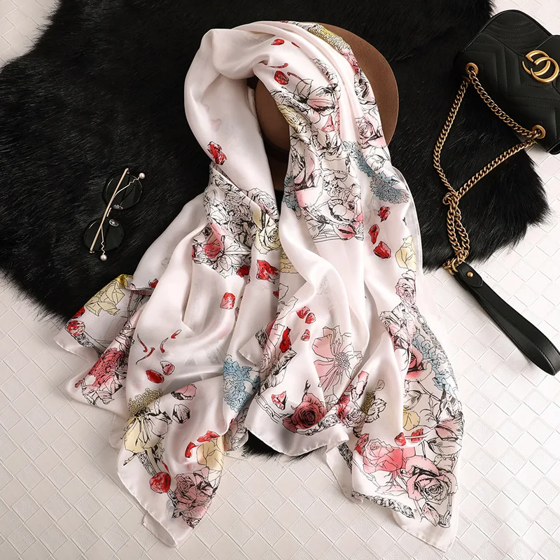 Твиловая, шёлковая косынка для женщин, дизайнерская шаль с цветочным принтом, палантин, Женская длинная бандана, Femme, Шелковый турецкий платок, хиджаб платок шарф - Цвет: fzc86b