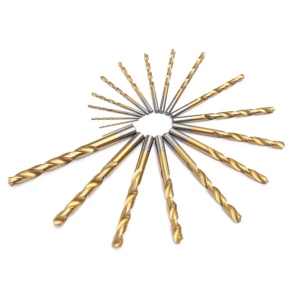 19pcs HSS Drill Bit Set Titanium Coated Twsit Drill Bits 1-10mm Straight Shank Twist HSS Drilling Power Tools Accessories Tools 