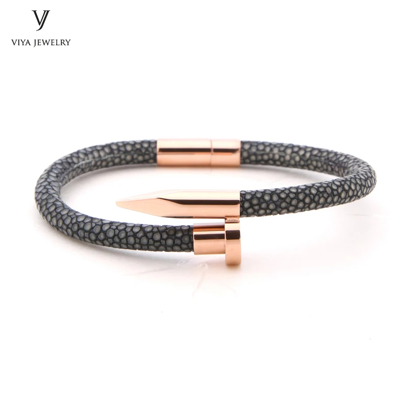 

Hot Sale 2017 New Design Stingray Bracelet For Men Customize Genuine Grey Stingray Leather Rose Gold Nail Bracelet For Couple