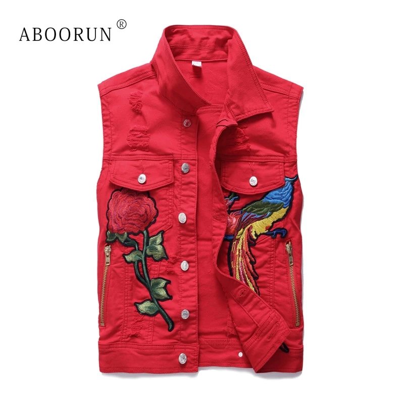 

High Quality Men's Denim Vest Eagle Embroidery Skinny Single Breasted Ripped Jeans Waistcoat Singer Dancer Nightclub YC1086