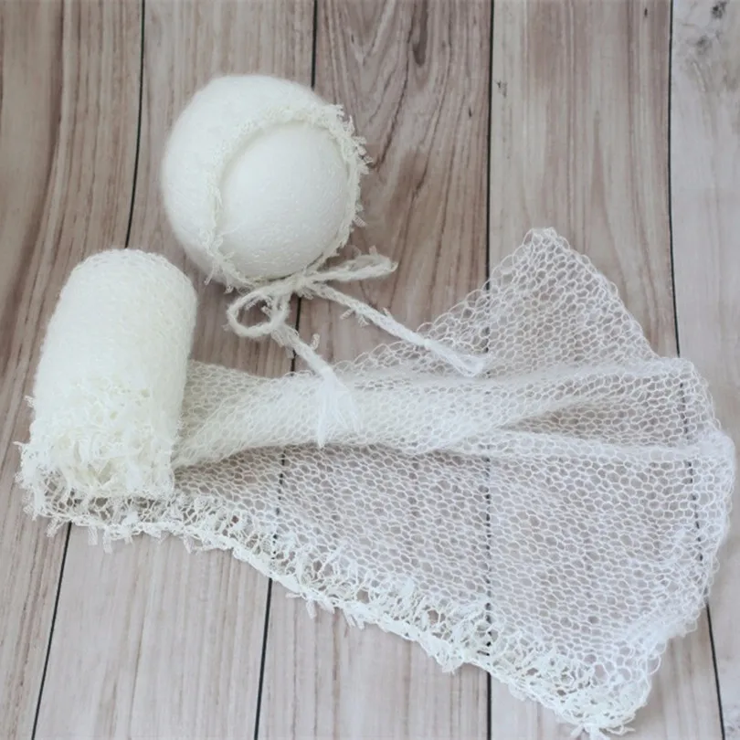 

Crochet Lace Trim Bonnet and Wrap Set Mohair Stretch Knit Wrap Newborn Lace Hat Baby Outfit Newborn Sleepy Cap Photography Props