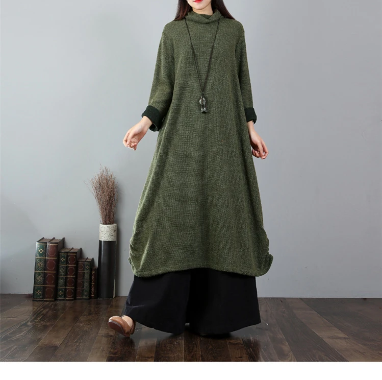Новое однотонное вязаное женское платье с высоким воротом размера плюс, зимнее повседневное Свободное платье с длинным рукавом, 4 цвета