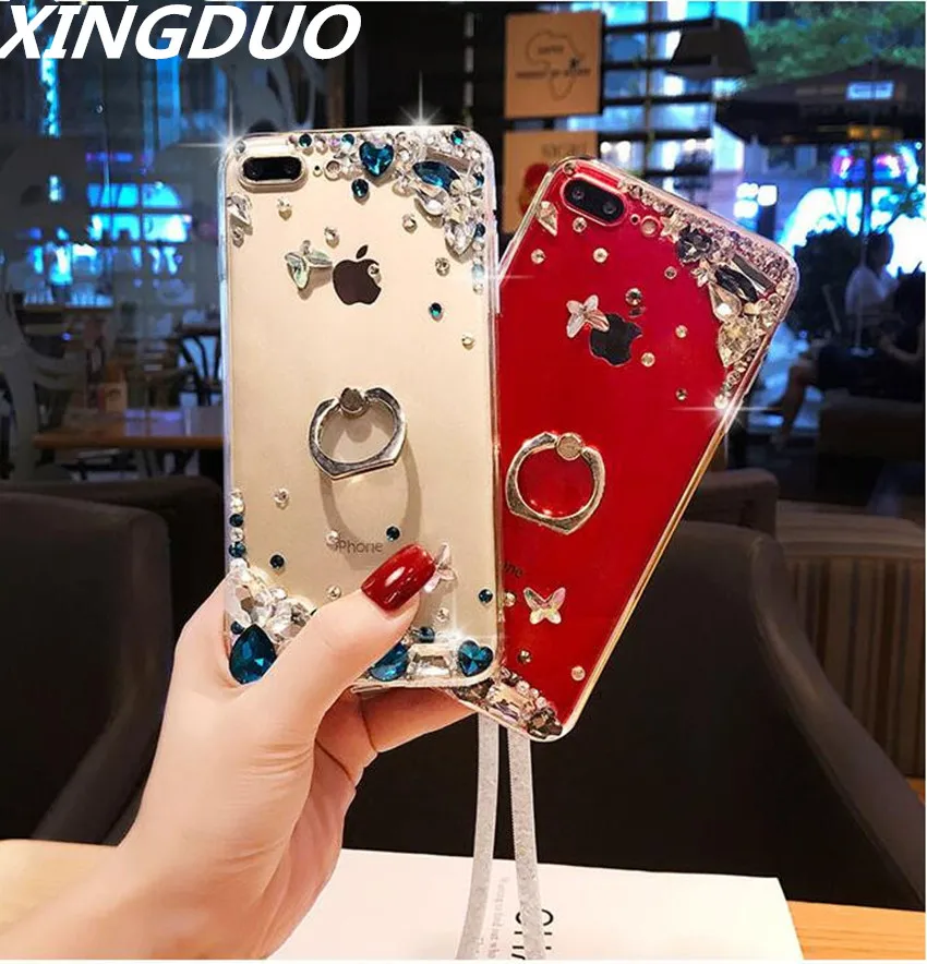

XINGDUO Glitter Transparent Jewelled case for Samsung M10 M20 Note 8 9 Ring buckle Kickstand Crystal shell for S10 S8 S9 S7 S6