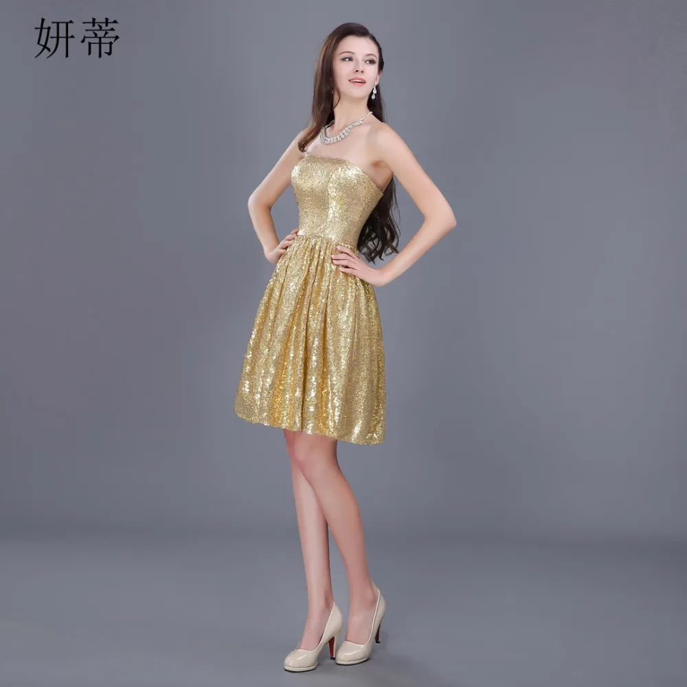 

Sexy Sparkling Glitter Cocktail Prom Dress Strapless Half Backless Pleated Empire Waist Knee-Length Homecoming Party Dress Gold
