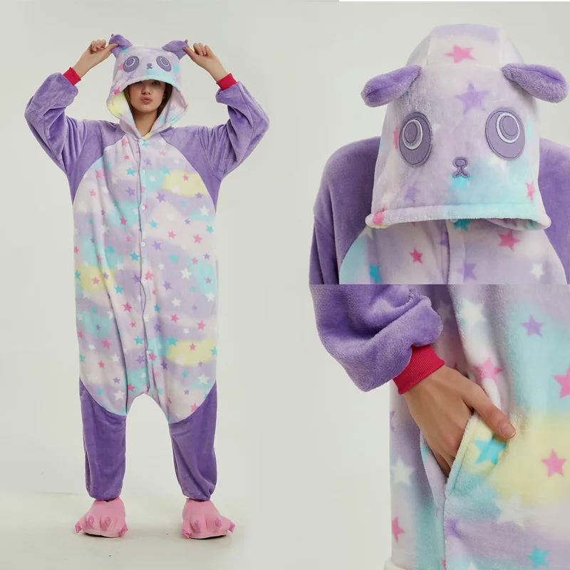 Зимние пижамы в виде животных, пижамные комплекты с единорогом, фланелевая стежка, розовая пижама с единорогом для женщин и мужчин, Пижама-комбинезон для взрослых - Цвет: Star panda