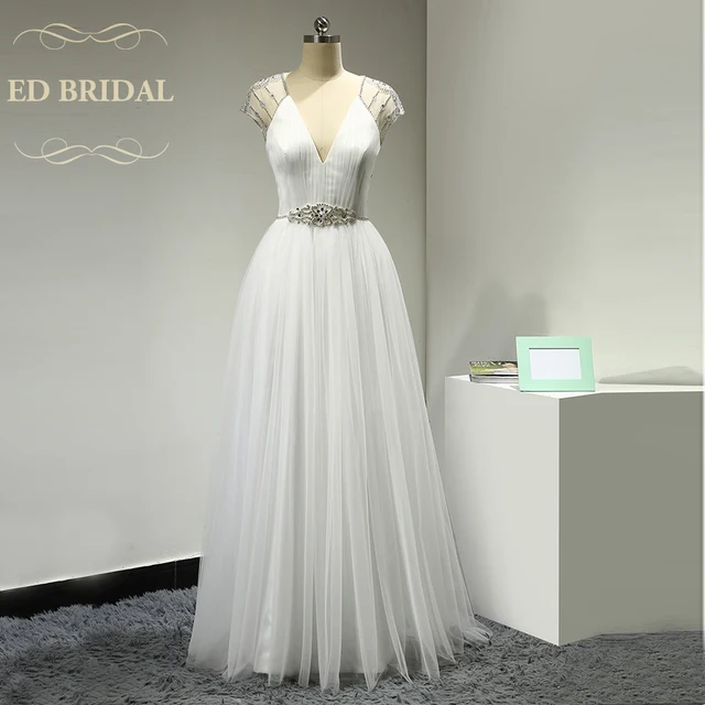 Y Backless Rhinestone Beach Wedding Dress A Line Tulle Short Y Backless Rhinestone Beach Wedding Dress A Line Tulle Short Sleeves Plunging V Neck Bridal