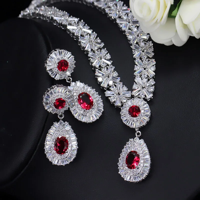 BeaQueen Luxury CZ Stone Paved Red Garnet Austria Crystal Statement Necklace Earrings for Women Wedding Jewelry Set JS059 - Окраска металла: Silver Red