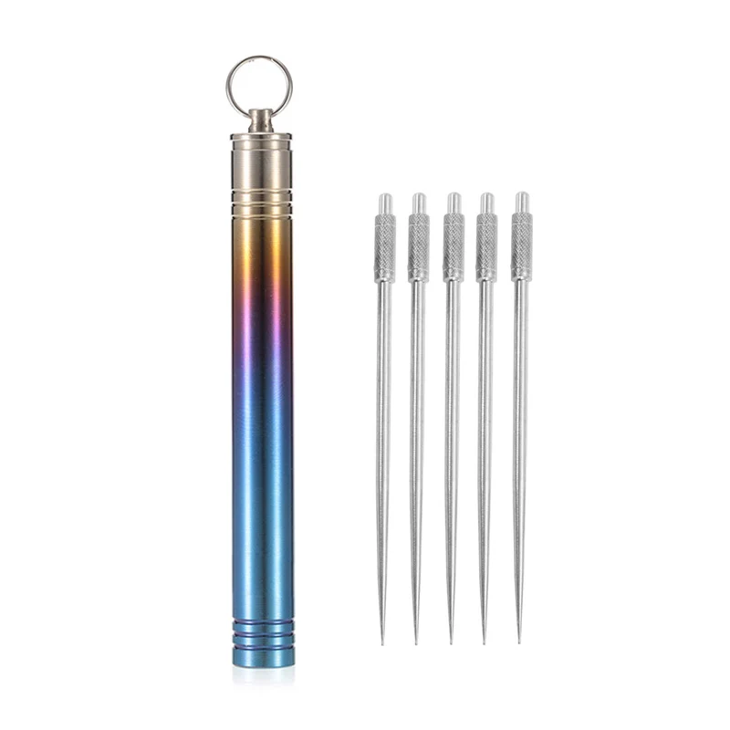 Titanium Food Grade Titanium Toothpick Holder with 5pcs Toothpicks Fruit Fork Box