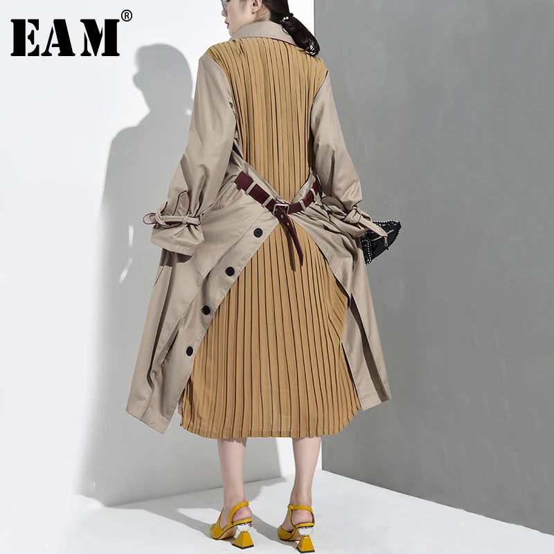 

[EAM] 2019 New Autumn Winter Lapel Long Sleeve Back Pleated Split Joint Loose Windbreaker Women Trench Fashion Tide WB5470