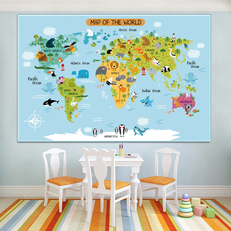 Carton World Map Poster Size Wall Decoration Large Map of The World 80x52cm Waterproof canvas map Children's Bedroom Decoration
