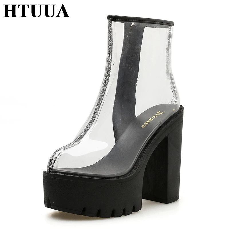 

HTUUA 2018 New Fashion PVC Transparent Boots Women Sexy High Heels Platform Boots Ankle Boots Spring Autumn Ladies Shoes SX1509