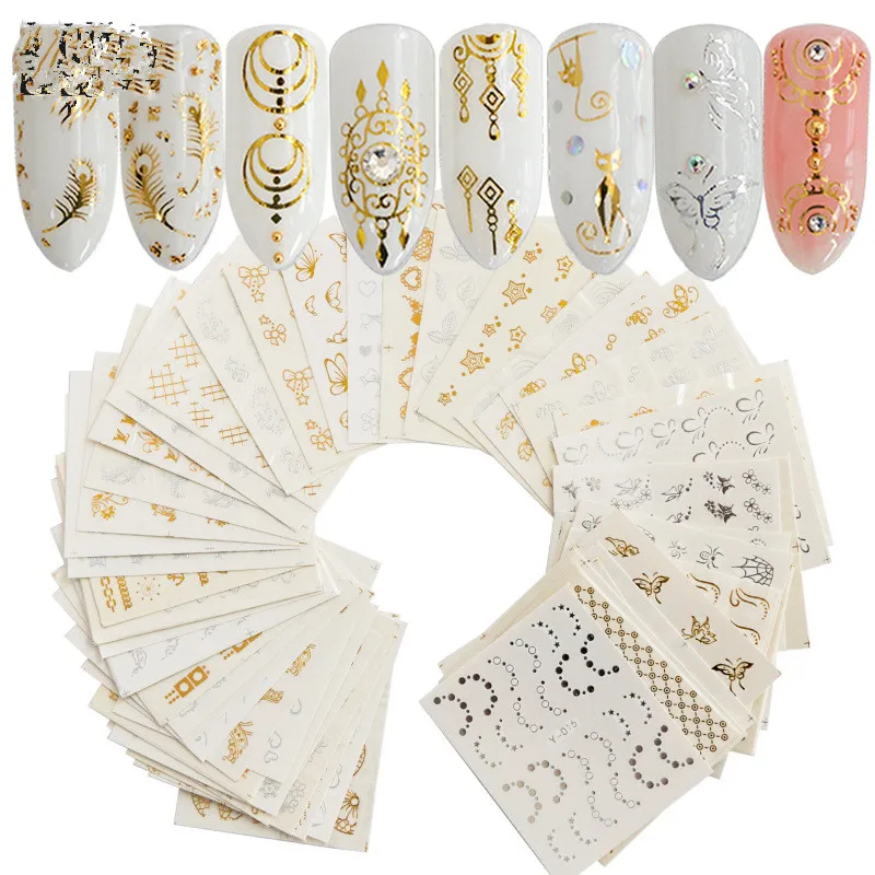 

30Pcs Gold 3d Nail Art Stickers Hollow Decals Mixed Designs Adhesive Flower Nail Tips Decorations Salon Accessory