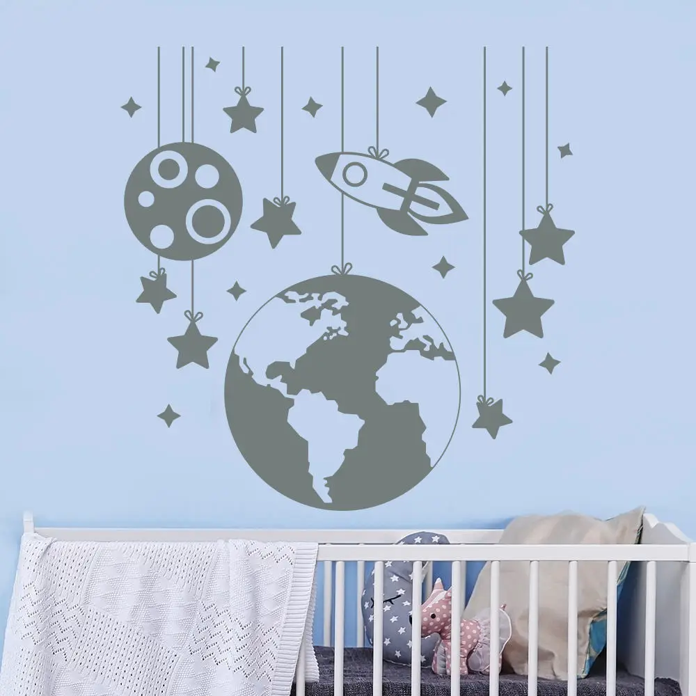 

High Quality Planet Wall Decals Rocket Ship Space Decal Nursery Boy Room Playroom Decor Living House Vinyl Sticker NY-366