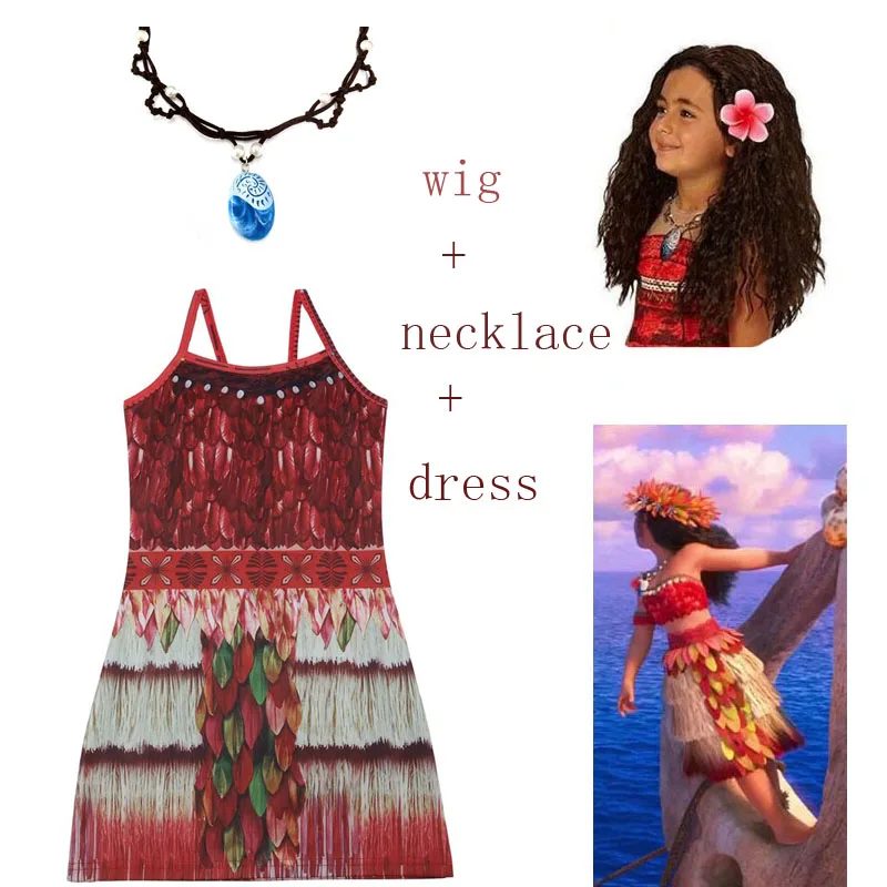 

Girls Dress Cartoon Printing Cosplay Summer Dress Marine Romance Moana Suspender Strap Summer Beach Dress with wig and necklace